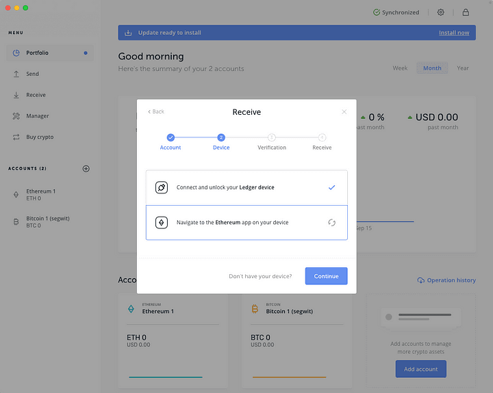 Connect and unlock your Ledger Nano hardware wallet, navigate to the designated app